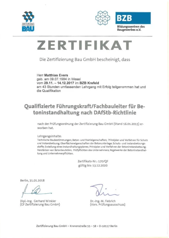 Evers_Zertifikat_Fachbauleiter_Betoninstandhaltung